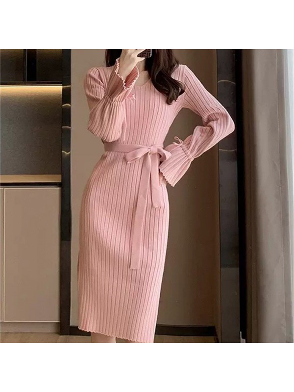 Flare Sleeves Small Fragrant Pink Knitted Dress Autumn New 2023 Waist Style Slim Fit V-Neck Wrap Hip Skirt