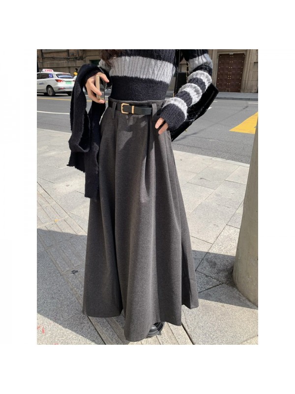 Real Time 2023 Autumn And Winter Solid Color Woolen Halfskirt Versatile Slim A-Line Dress Casual Long Dress Women Gives Belt