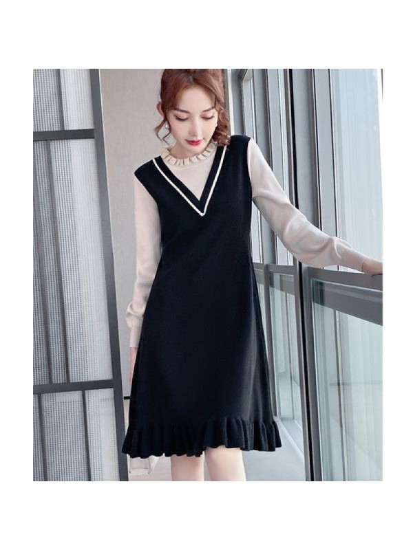 Autumn And Winter Knitted Skirt 2023 New Large Women's Fatty Mm Fashion Age Reducing Colored Round Neck Fake Two Piece Dress