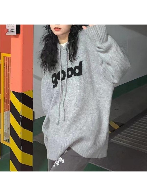 Lazy Style Hooded Knitted Jacket For Women In Autumn And Winter, New Loose And Slimming Classic Gray Women's Jacquard Knitted Sweater