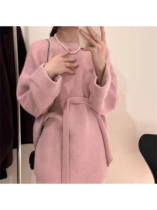 2023 Autumn And Winter New Korean Solid Round Neck Large Knitted Pullover Top For Women Lazy Lace Up Sweater For Women