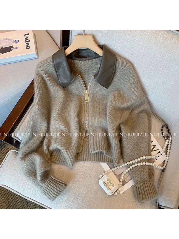 Premium Black Collar Collar Zipper Knitted Coat Women's Autumn 2023 Fashion Loose Style Short Sweater Cardigan